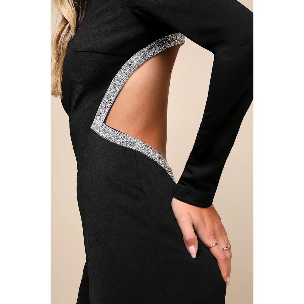 NWT Sparkling Stunner Black Rhinestone Cutout Long Sleeve Mini Dress Small